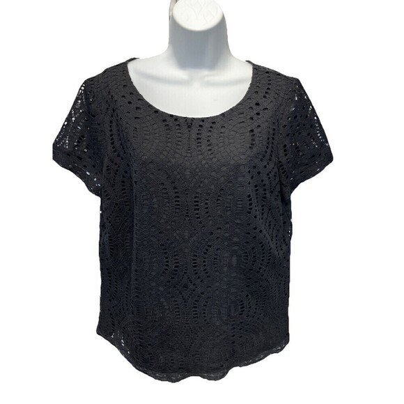 J Crew Factory Lace  Overlay Black Blouse Short Sleeve Top Size Scoop Neck - Picture 1 of 8
